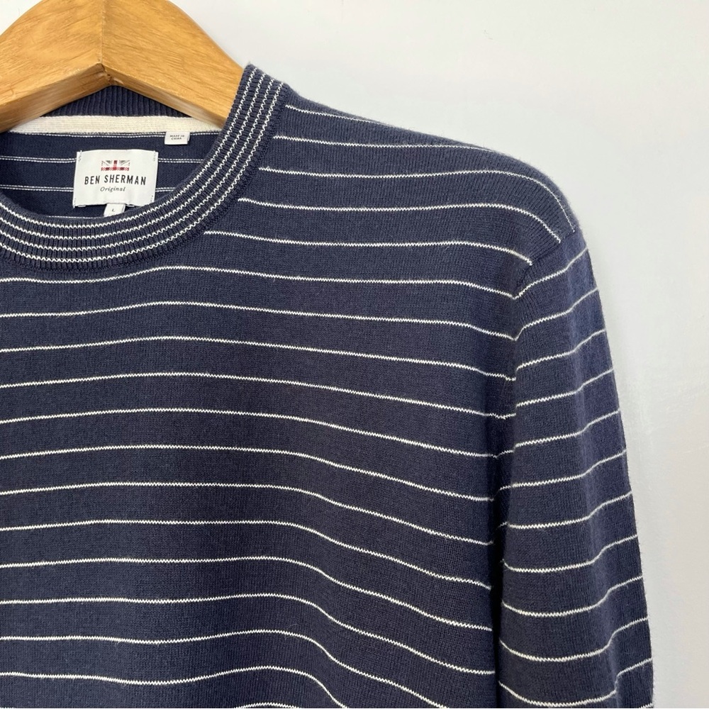 Ben Sherman Navy White Striped Cotton Merino Wool Crewneck Sweater Size Large - Picture 10 of 12